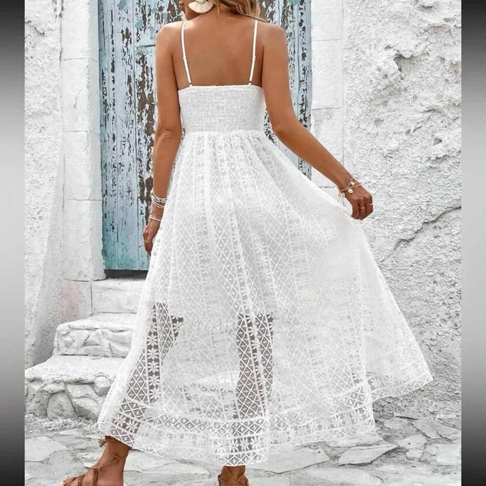 White Guipure Sheer Mesh Lace Tassel Cami Dress Boho - Picture 2 of 6